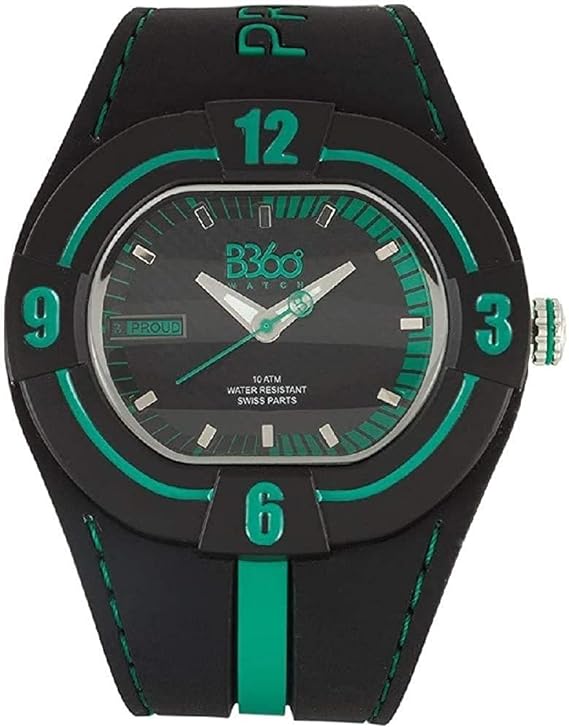 b360 手表中性石英手表模拟显示屏和硅胶表带 np 黑色 绿色 l 码